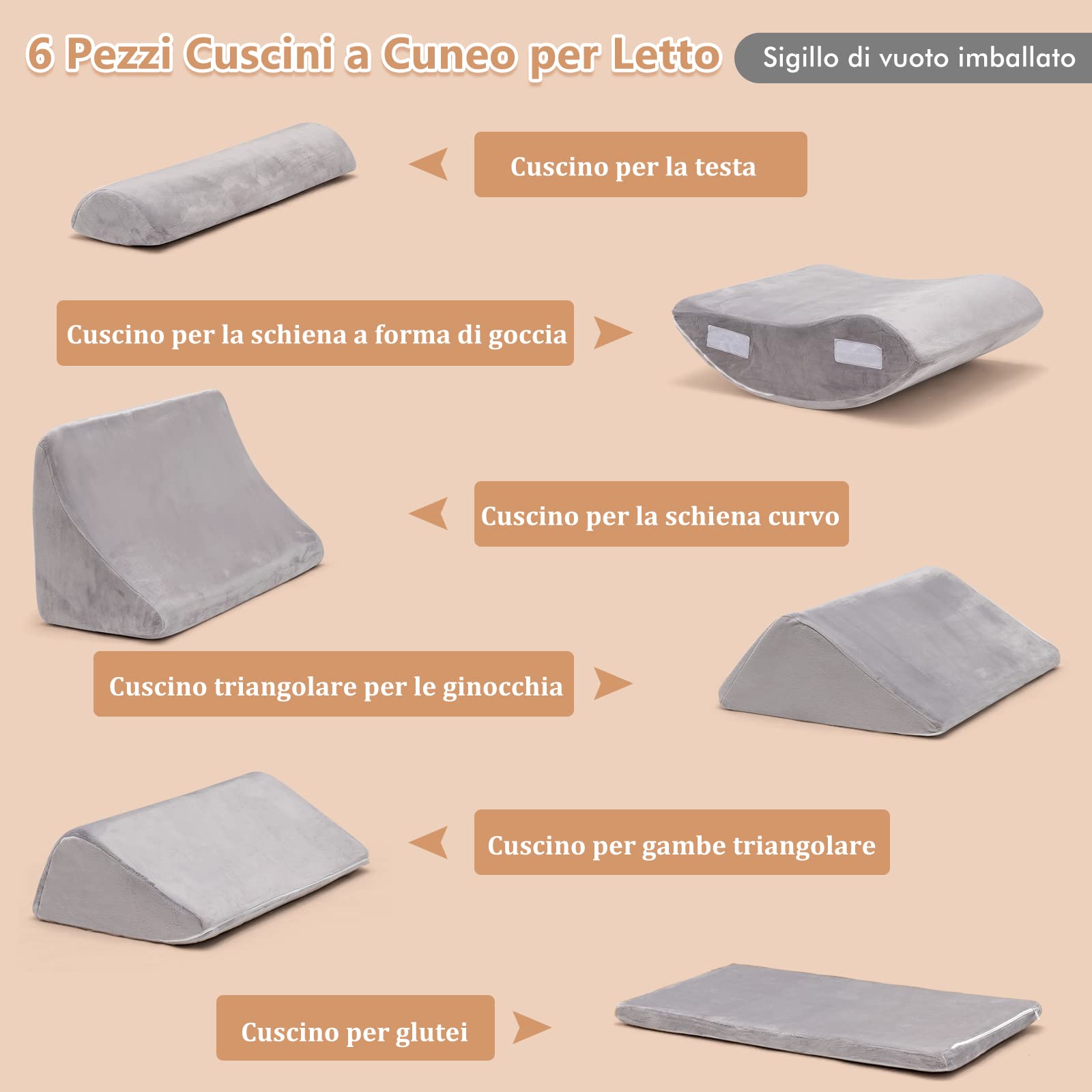COSTWAY Set di 4/6 Cuscini Regolabili a Cuneo, Cuscino a Cuneo per Letto in Memory Foam, per Alleviare il Dolore alla Schiena Collo e alle Gambe, Poggiatesta Rimovibile, Grigio (6 Pezzi)