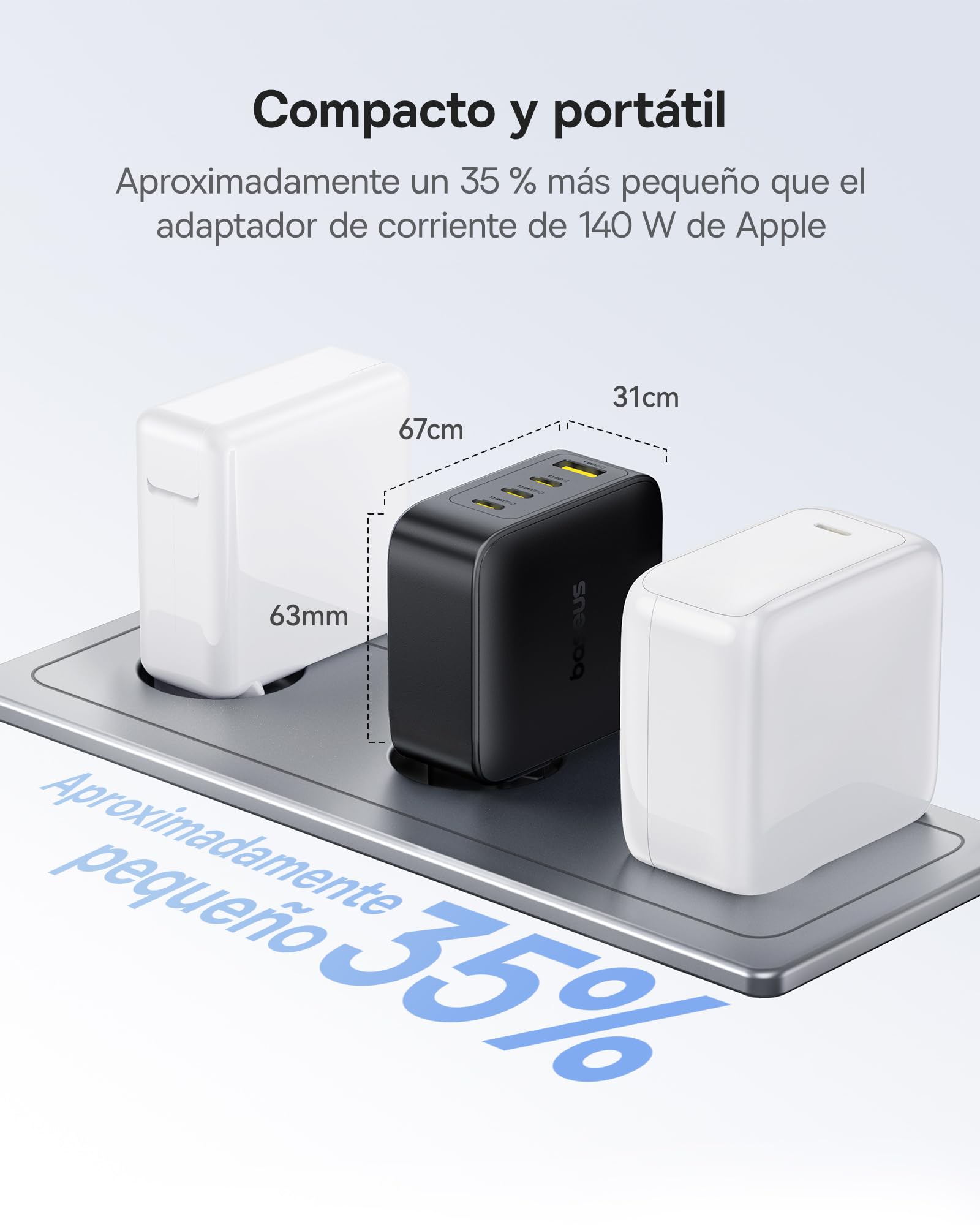 Baseus Enerfill Cargador USB C 140W, 4 Puertos USB C, PD con PPS, GAN Cargador Rápido Compatible con MacBook Pro/Air, iPad Pro, iPhone 17/16/15/14/13 Seire, Galaxy S25/24, Pixel 9 8, Steam Deck