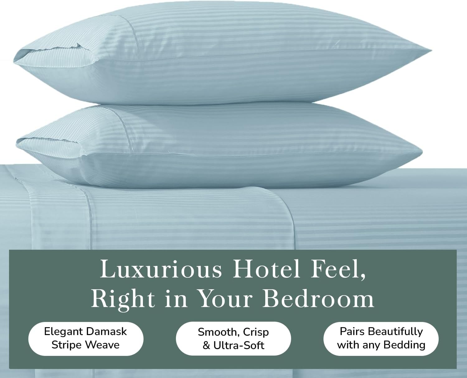 Feather & Stitch 100% Cotton King Pillow Covers Set of 2, 500TC Envelope Closure Pillowcases, Soft Luxury Damask Stripe Sateen Weave Pillow Case for Sleeping, 20x40 Inches - Aqua Stripe
