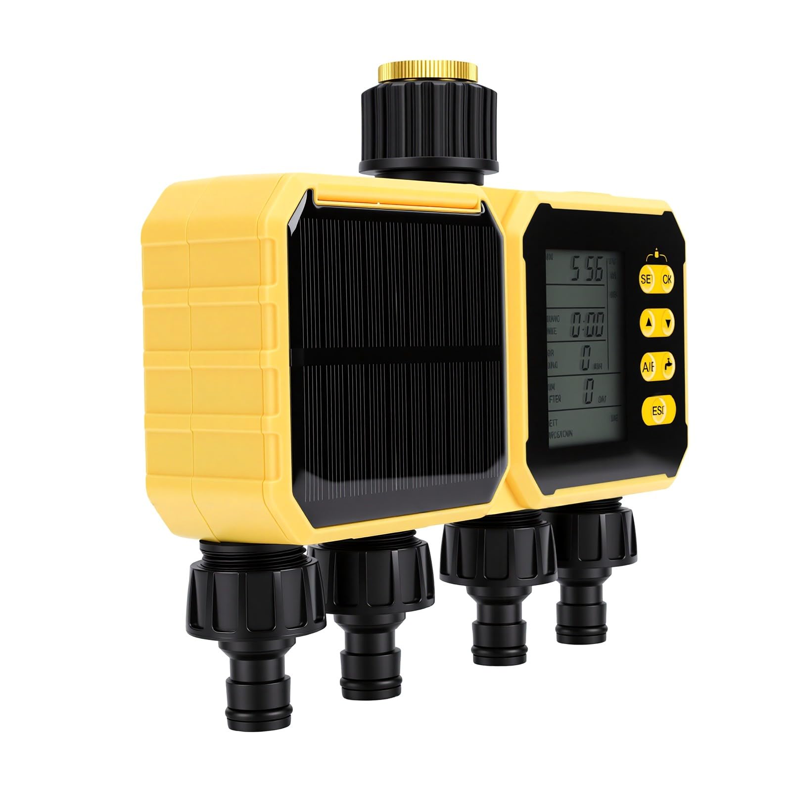Fafeicy WiFi Solare Timer Irrigazione Intelligente Timer Irrigatore da Giardino in Ottone a 4 Zone App da 2,4 GHz e Controllo Vocale Salta Pioggia Modalità Automatica Manuale per Prato,