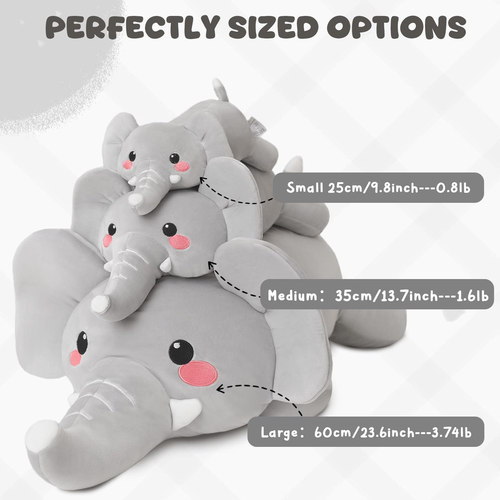 Xfrog Weighted Elephant Plush, Weighted Plush Squishy Stuffed Animals for Baby Elephant Pillow Stuffed Toy for Girls Boys Grey 35CM - Image 3