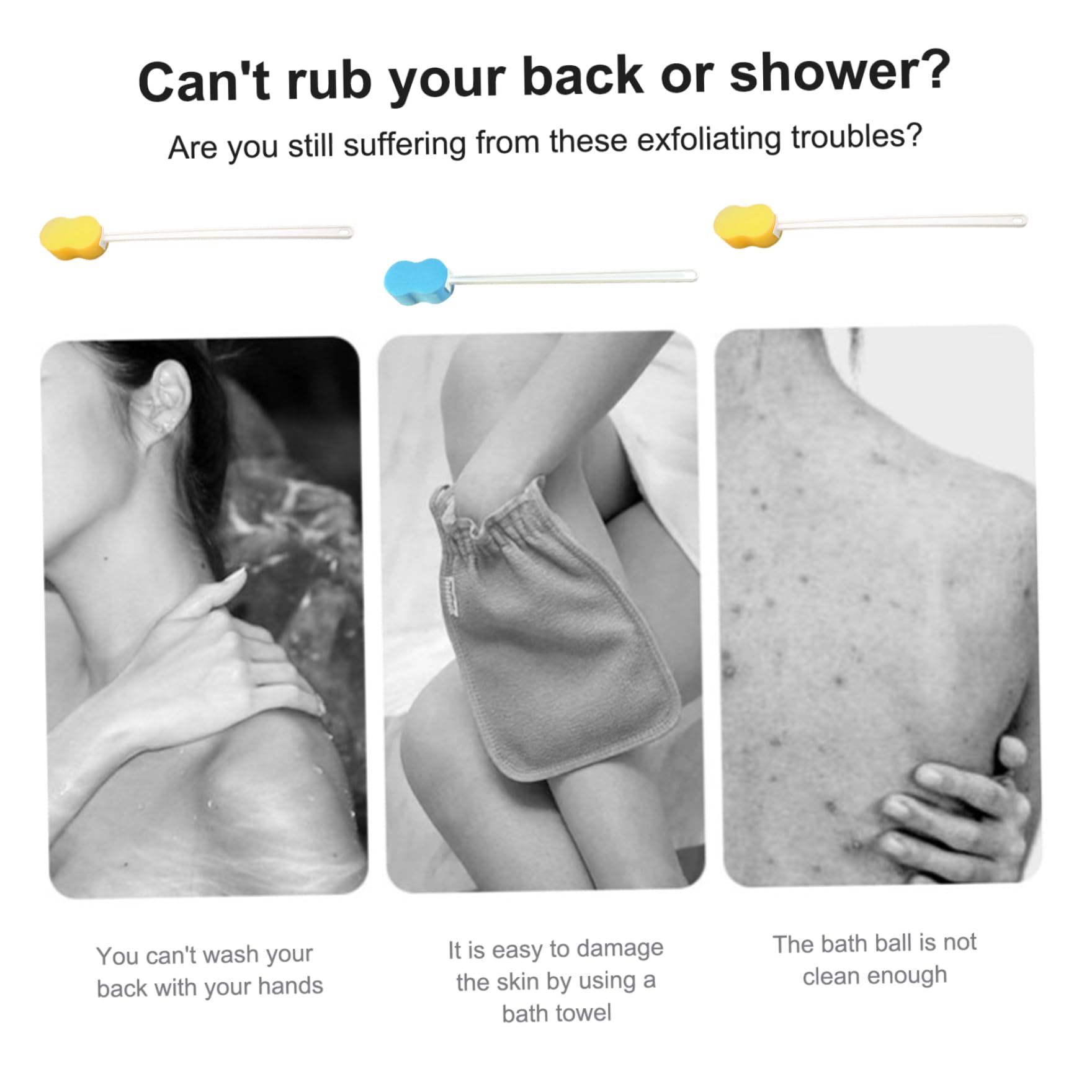 Esponja de mango largo para ducha 4 esponjas de mango largo en forma de 8 de 22 pulgadas con orificio para colgar Ducha amarilla y azul para limpieza de espalda, brazos y cuerpo.