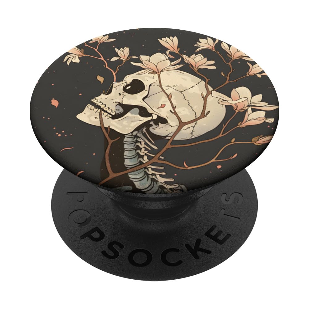 Creepy Floral Magnolia Flower Bouquet Skeleton PopSockets Swappable PopGrip, Black