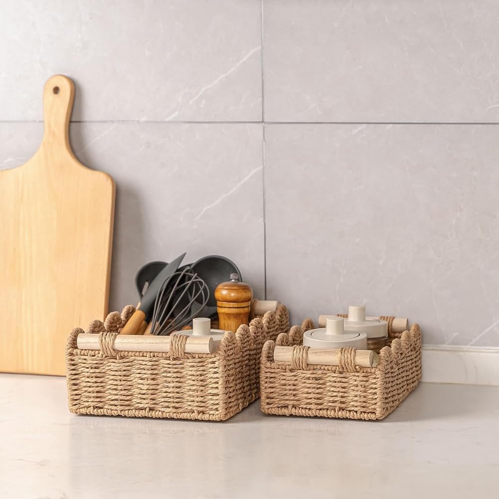 Juego de 2 cestas de almacenamiento trenzadas con cesta de mimbre decorativa ondulada para almacenamiento sobre el inodoro, estante para estantería, habitación de los niños.
