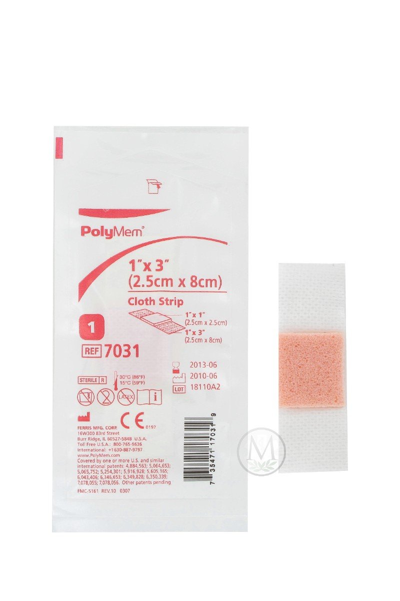 PolyMemCloth Strip Wound Dressing, Sterile, Foam, 1' X 3' Adhesive, 1' X 1' Pad, 7031 (Box of 20)