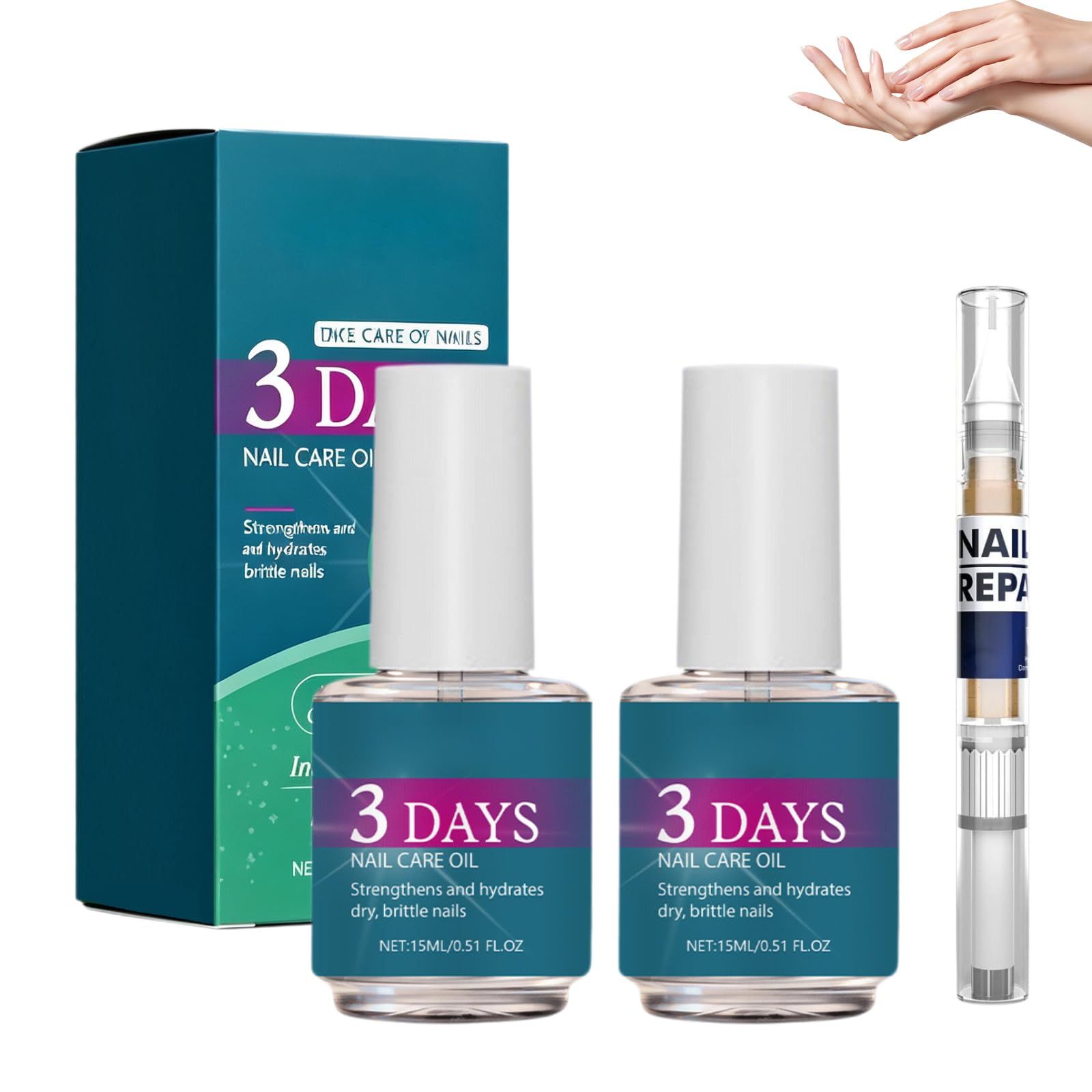 3 Pièce 3 Days Nail Care, Huile Cuticule Léger Pas Gras Absorption Rapide Ongles Forts et Brillants Réparation des Fissures Nourriture Profonde avec 1 Nail Care Pen