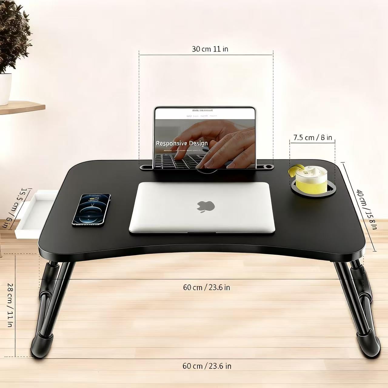 Biurko na laptopa do łóżka, Fayquaze składany stolik na laptopa z szufladą do przechowywania i uchwytem na kubek, stojak na biurko na laptopa stolik na łóżko taca do serwowania do jedzenia, czytania i pracy na łóżku kanapa sofa (czarny)