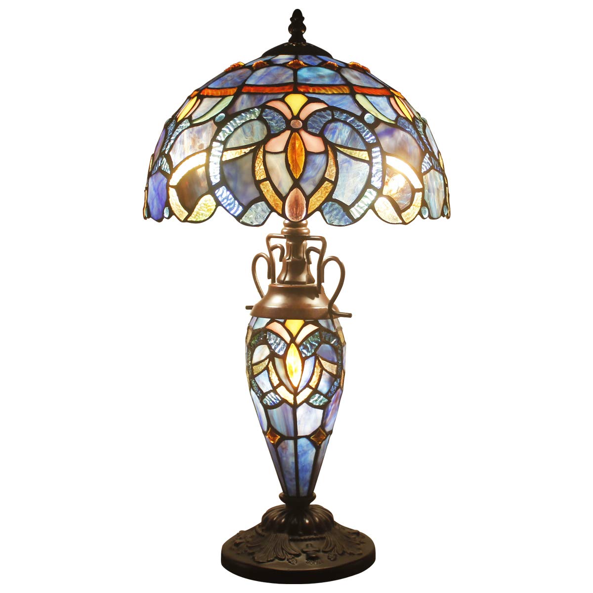 WERFACTORY Tiffany Table Lamp Stained Glass Night Light Base 3 Light Blue Purple Clould Style 12X12X22 Inches Desk Reading Lighting for Living Room Bedroom S558 Series