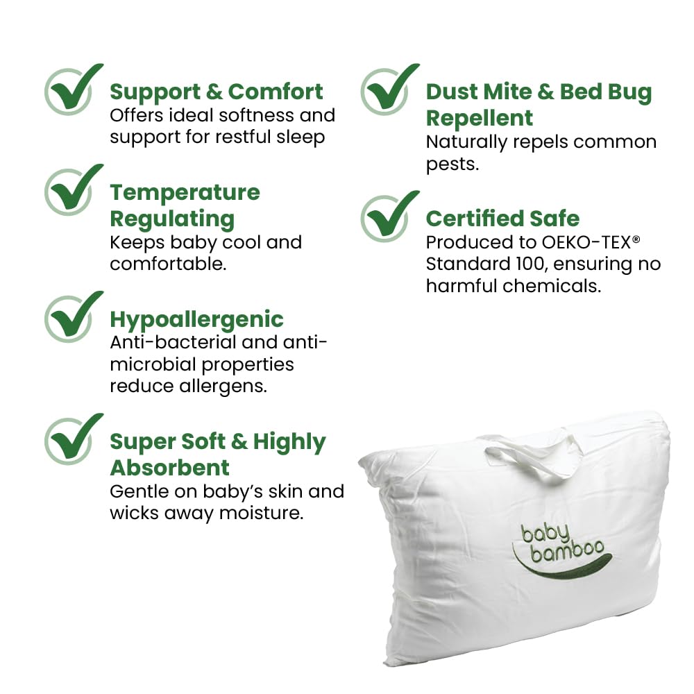 Oreiller en bambou pour bébé – Doux et bon maintien – 57 x 35 cm – Hypoallergénique, régulateur de température, évacuation de l'humidité – Convient aux lits de bébé standard