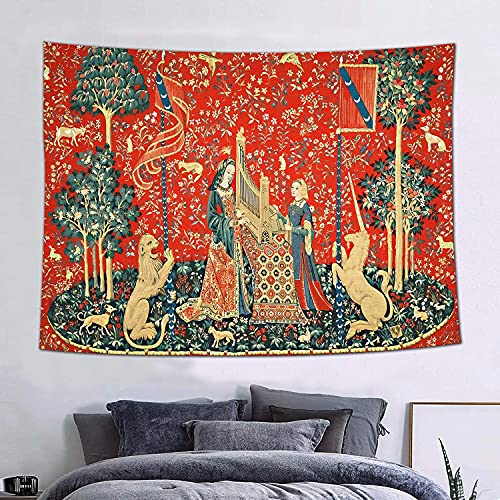 FEASRT Medieval Maiden and Unicorn Tapestry - European Royal Lion Design, 60x40 Inches Soft Flannelette for Living Room Bedroom Dorm