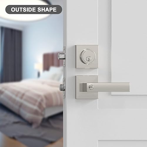 Miniatura 3 de Manilla de puerta cuadrada moderna y cerrojos de un solo cilindro, juego de manijas de bloqueo de níquel satinado.