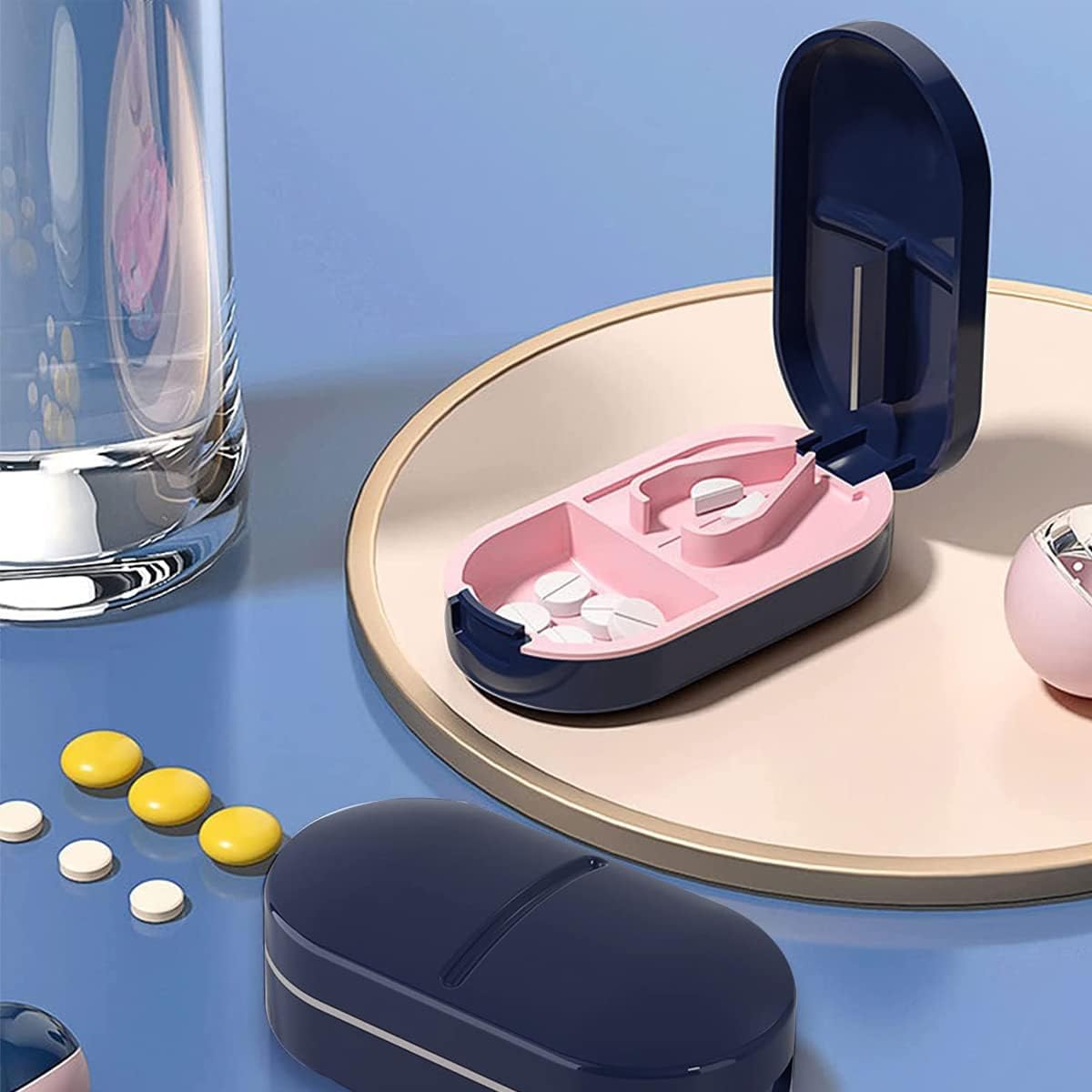 BELARO Pill Cutter with Storage,Portable Pill Splitter 2in1 Pill Case with Stainless Steel Blade, Pill Splitter for Small & Large & Vitamins Tablets, Portable Pretty Pill Crusher for Purse (Blue) 4