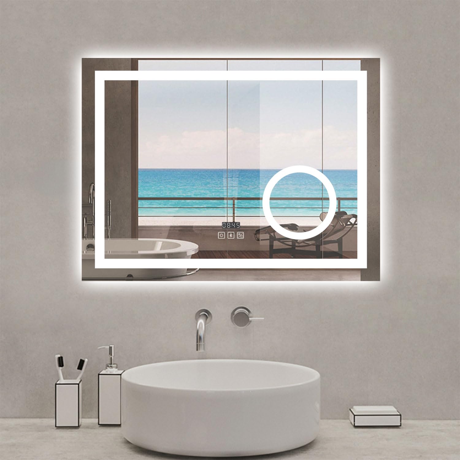 AICA Espejo de baño, Espejo con led luz, con función antivaho, Bluetooth,Reloj led,Lupa 3X, led luz con 3 Colores （3000k/4500k/6000k,Brillo Ajustable.