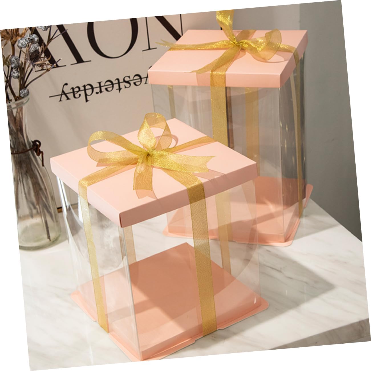 GANAZONO 5Pcs Transparent Cake Box Double Layer Cake Carrier for Cakes Material with Ribbon Design for and Elegant Presentation