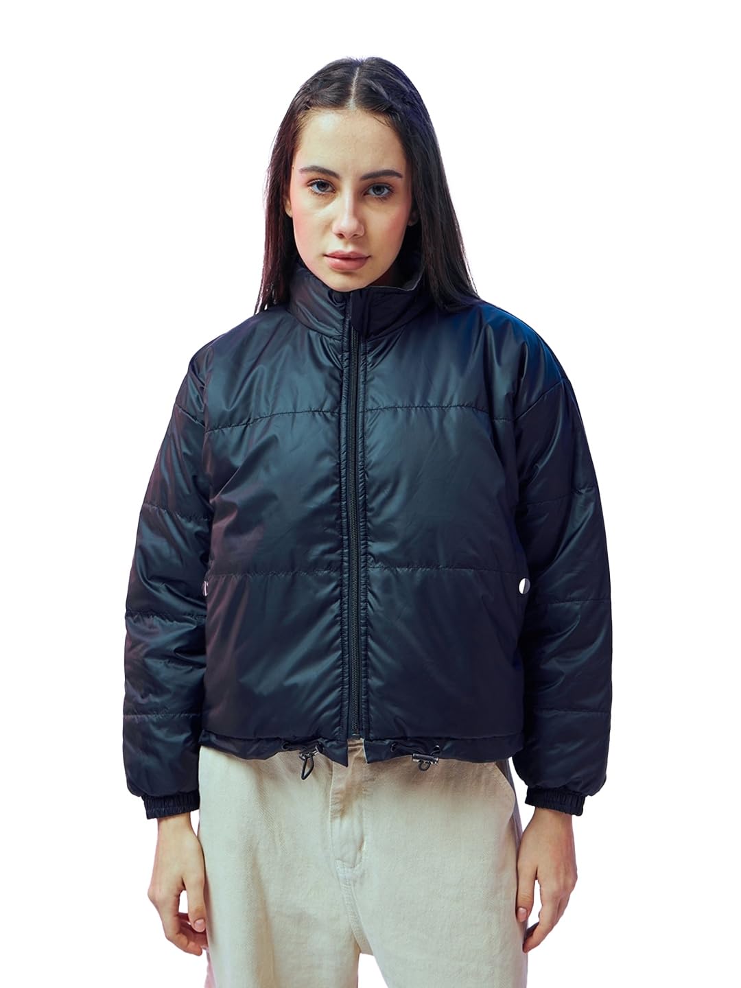 Bewakoof Women's Nylon Oversized Fit Jacket | Jacket for Women Winter Wear in neutral