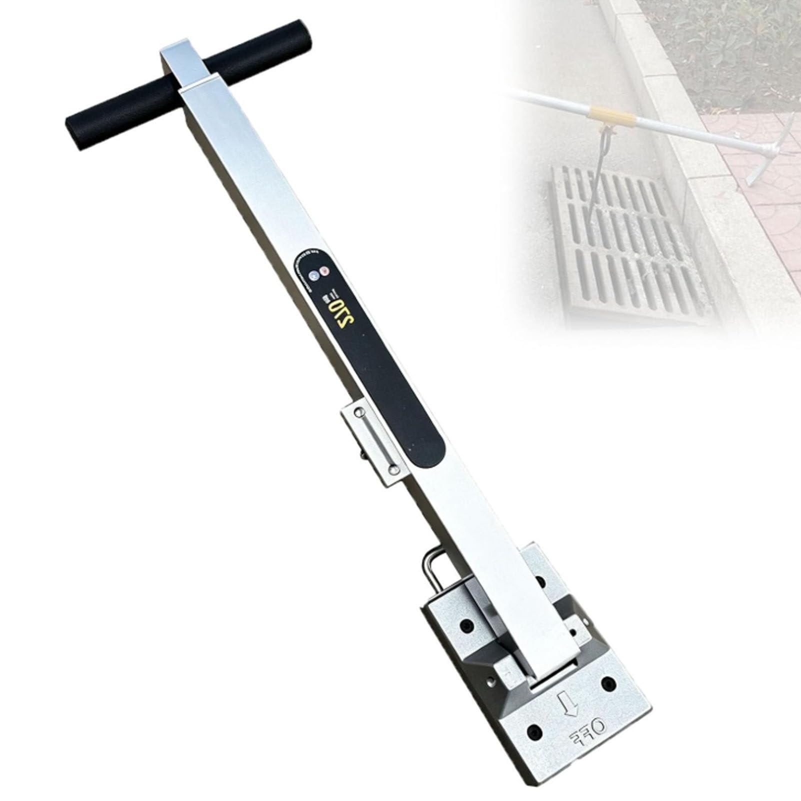 Magnetyczny podnośnik pokryw studzienek – aluminiowy korpus ze zintegrowaną podporą rolkową, udźwig 595 funtów (ok. 270 kg); przenośne narzędzie do podnoszenia i przemieszczania ciężkich pokryw