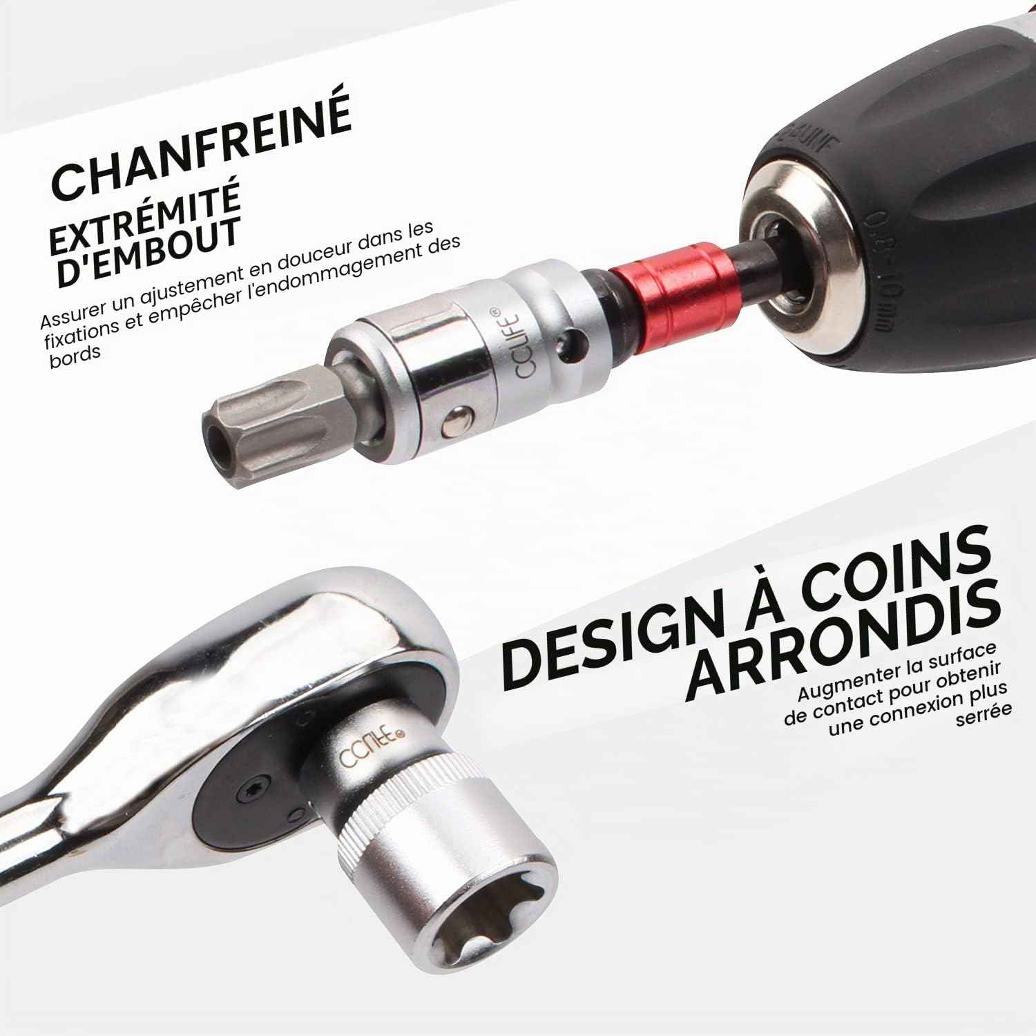 CCLIFE 34 Pièces Coffret douilles torx femelle 3/8" profil E4-E20, Embout torx étoilé profil T10-T60 en Acier S2, Adaptateur 3/8' à 5/16' CR-V Douille Etoile