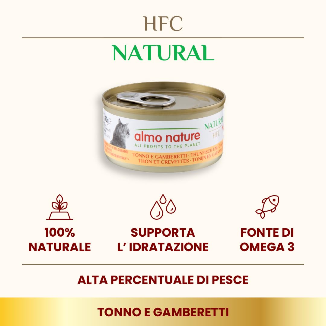 Almo Nature HFC Natural Alimento Umido per Gatti - Tonno e Gamberetti - Confezione da 420 g (6 x 70 g)
