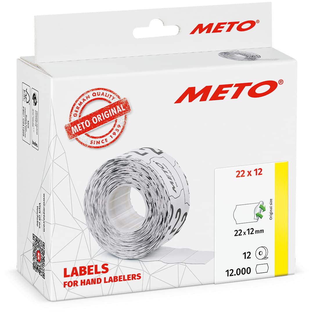 Etiquetas Meto para etiquetadoras manuales (22x12 mm, 1 línea, blanco, 12000 unidades, removibles, para Meto, Contact, Sato, Avery, Tovel, Samark, etc.)