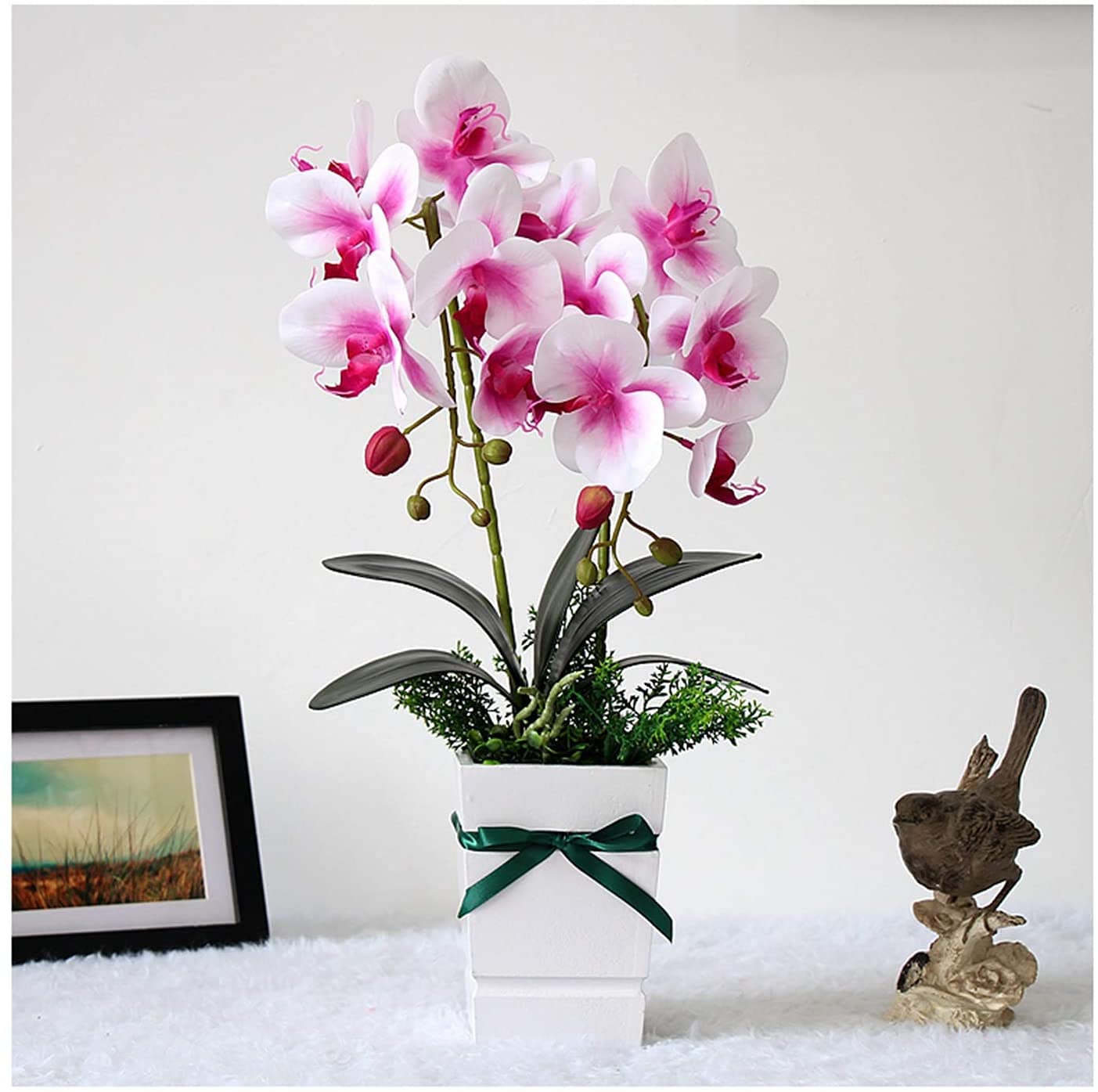 Lebensechte Orchideen aus PU-Leder mit Holzvase, künstliche Blumenarrangements für Zuhause, Büro oder Wohnzimmer, Farbe 6