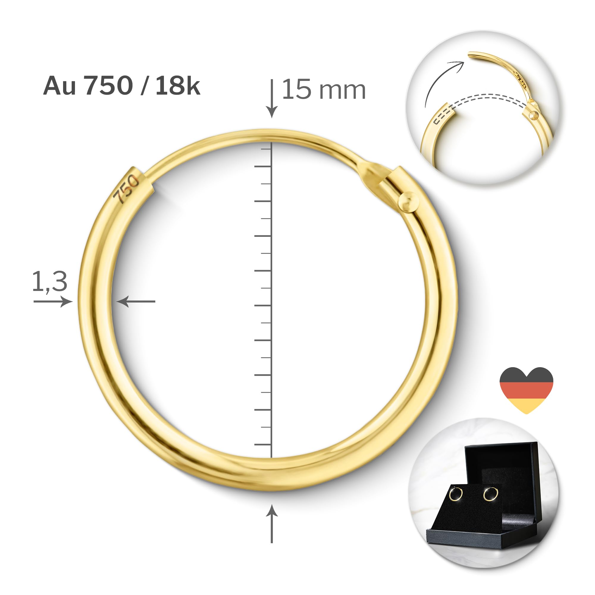Orecchini Cerchio Donna in Oro Giallo 333 375 585 750 Orecchini Creoli leggerissimi 15 mm largh. 1,3 mm Orecchini Donna Oro con Scatola Regalo