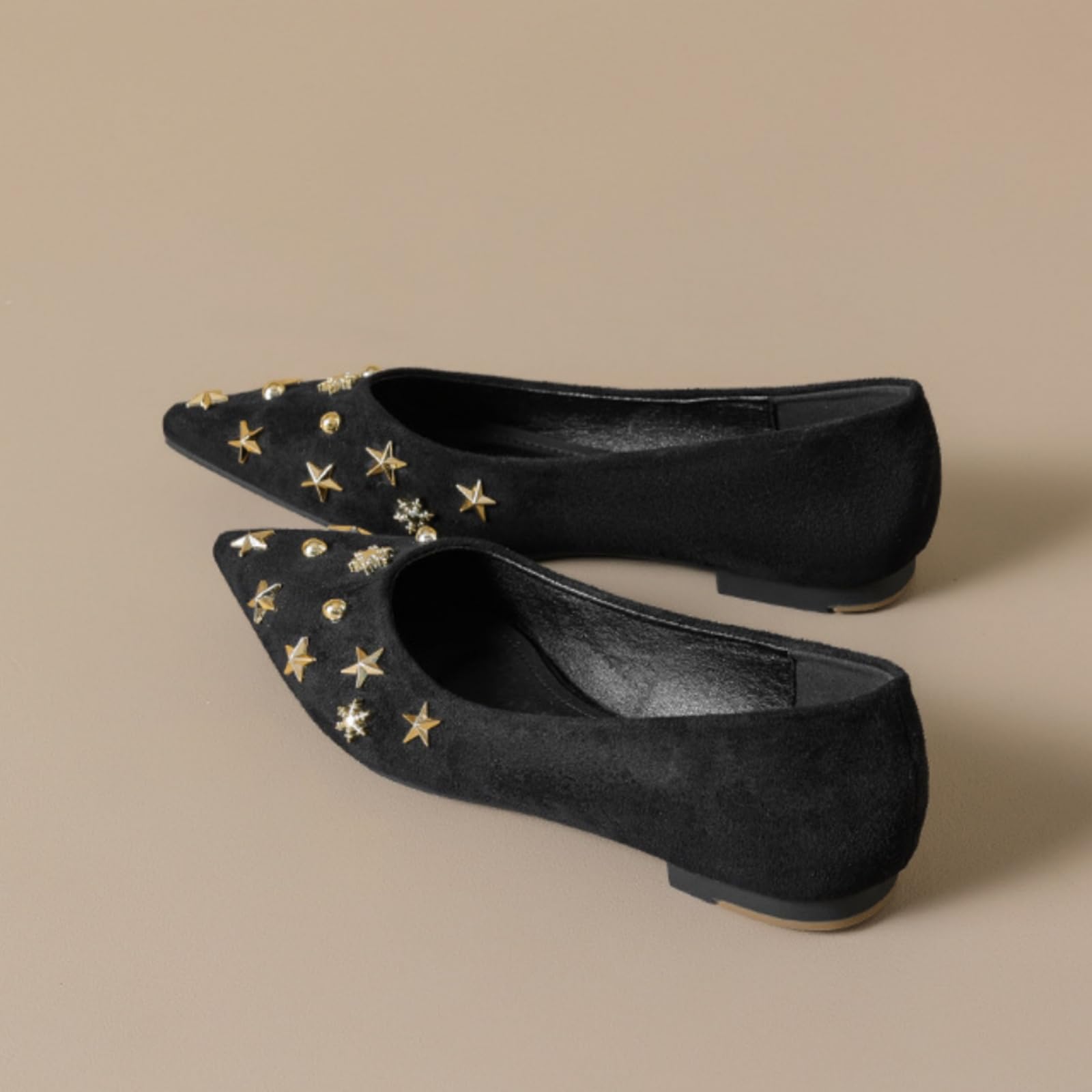 Damskie Antypoślizgowe Baleriny Z Ostrym Noskiem, Eleganckie Zamszowe Buty Z Ozdobną Gwiazdką, Wsuwane Na Co Dzień, Na Imprezy I Do Tańca
