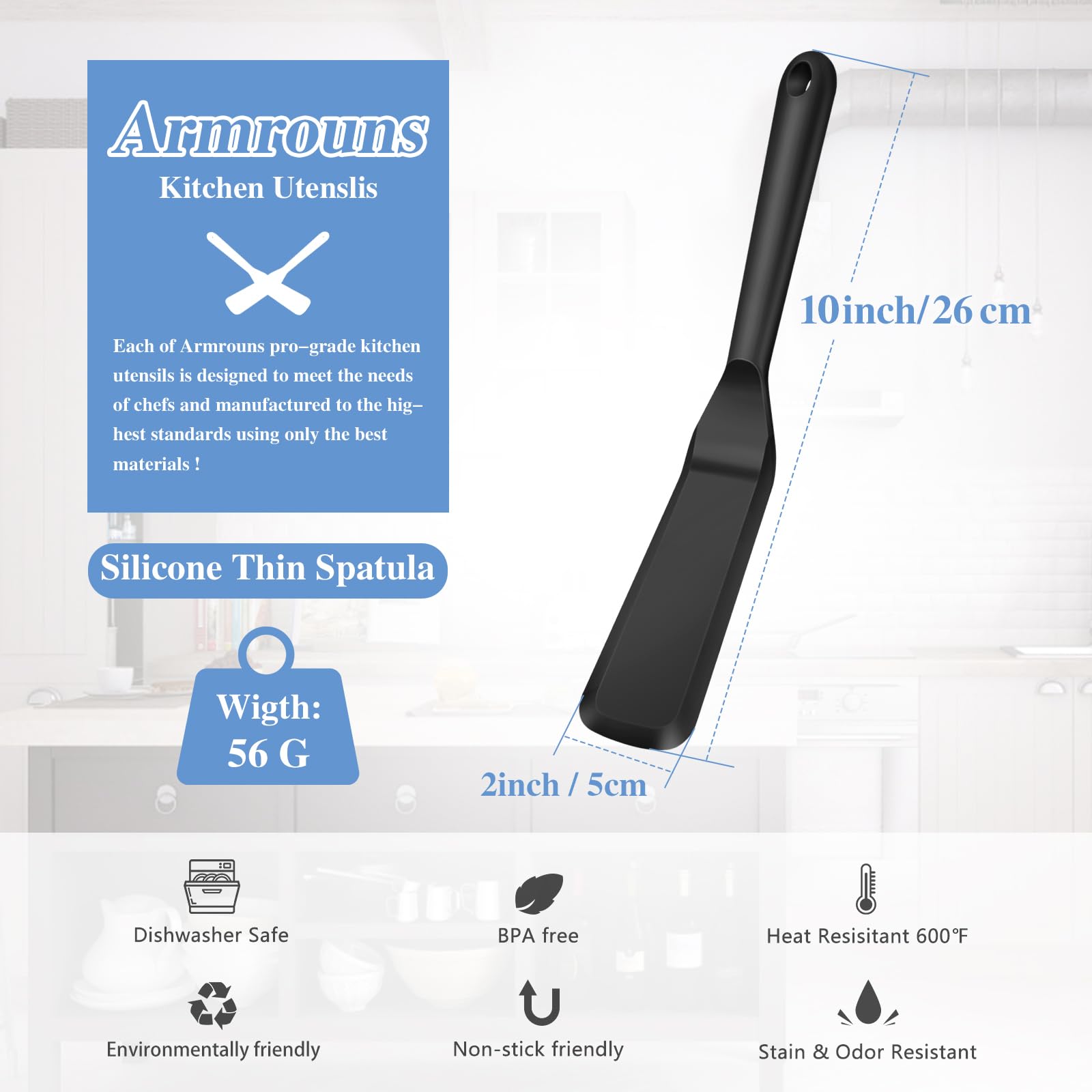 Mini espátula para servir brownie, espátula para tortitas de tortilla. Espátula fina de silicona resistente al calor, espátulas largas raspadoras para cocinar, panqueques, pizzas. 4