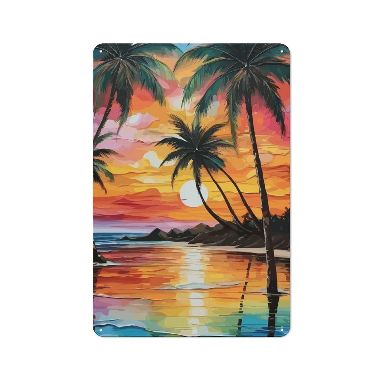 Junmoney Tropical Beach Sunset Painting Vintage Metal Wall Decor 30X20cm, Garage Metal Sign For Garage, Workshop, Shed Or Utility Room