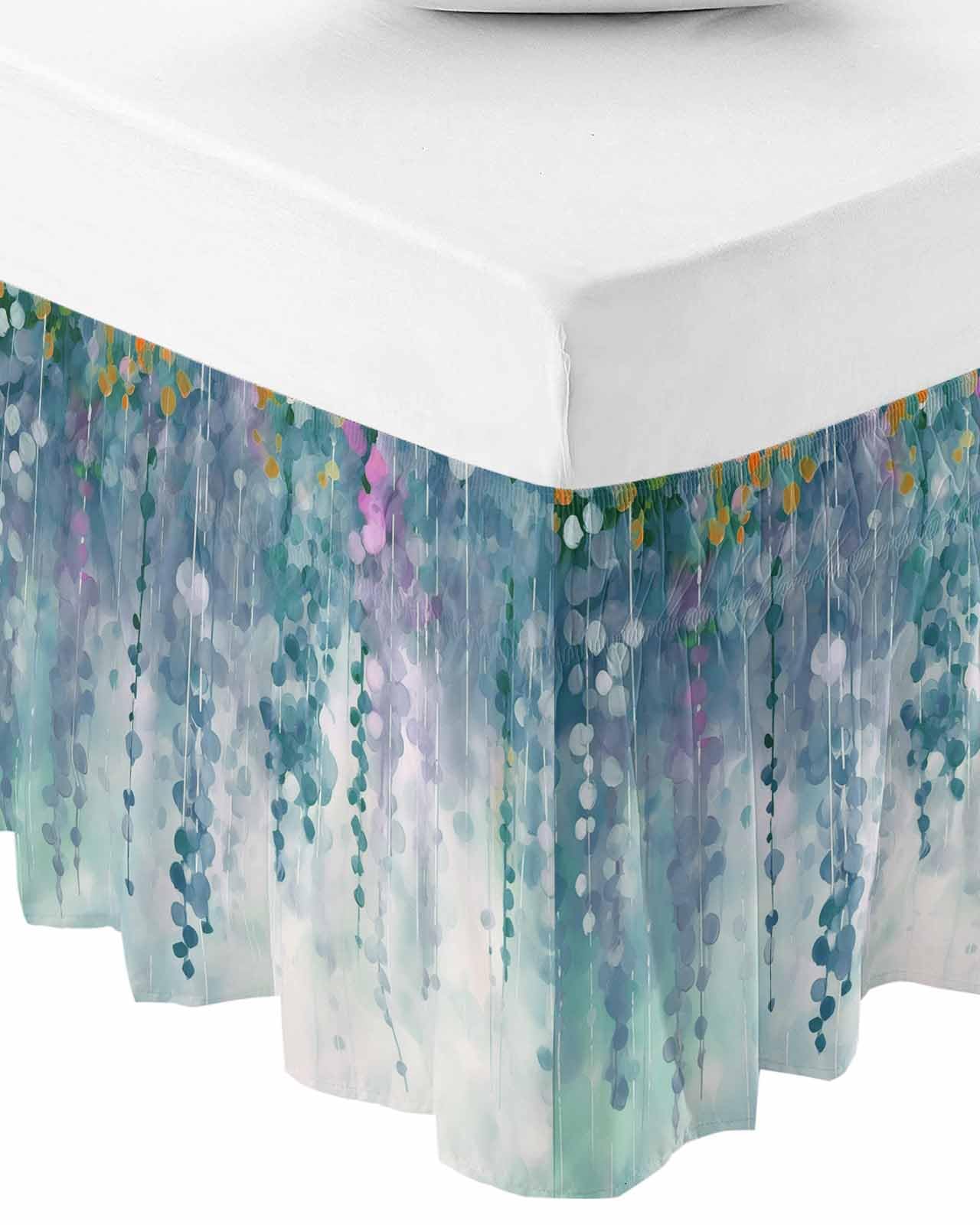 RisQiten Green Botanical Bed Skirt King Size 18 Inch Drop, Elastic Bedskirt Dust Ruffle for King Size Bed, Watercolor Spring Floral Oil Painting Elegant Wrap Around Bed Skirts Pleated Bed Frame Cover