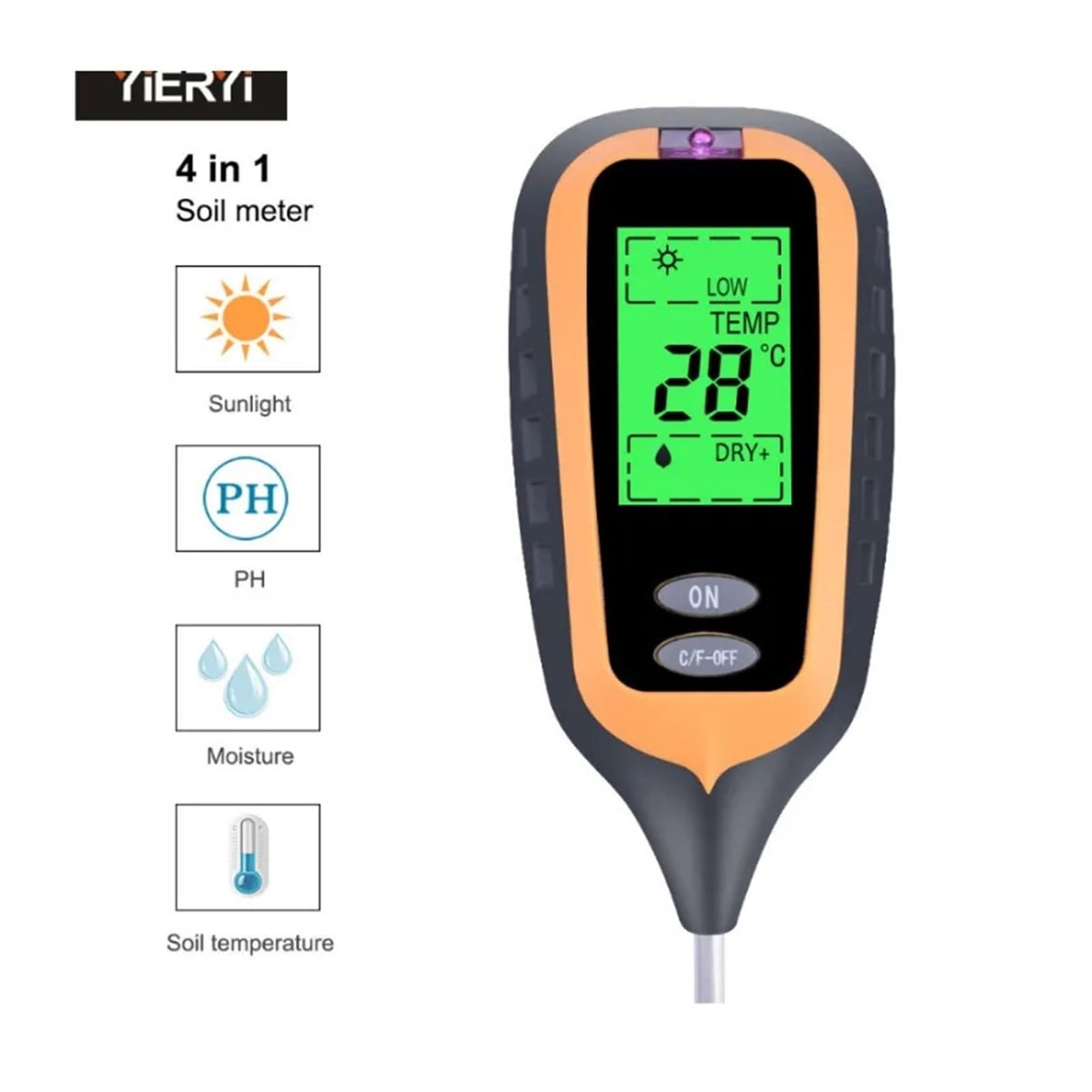 Testeur Numérique D'humidité du Sol 4 en 1, PH, Température Et Lumière du Soleil, Outil for Jardin, Ferme, Pelouse, Plante, avec Écran LCD