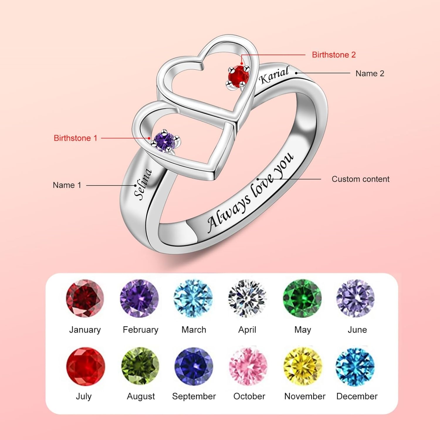 Personalized Promise Rings for Women, Custom Mothers Rings with 2-8 Birthstones for Mother's Day, Engraved Family Name Ring Heart Jewelry Gift for Mom Grandma Her
