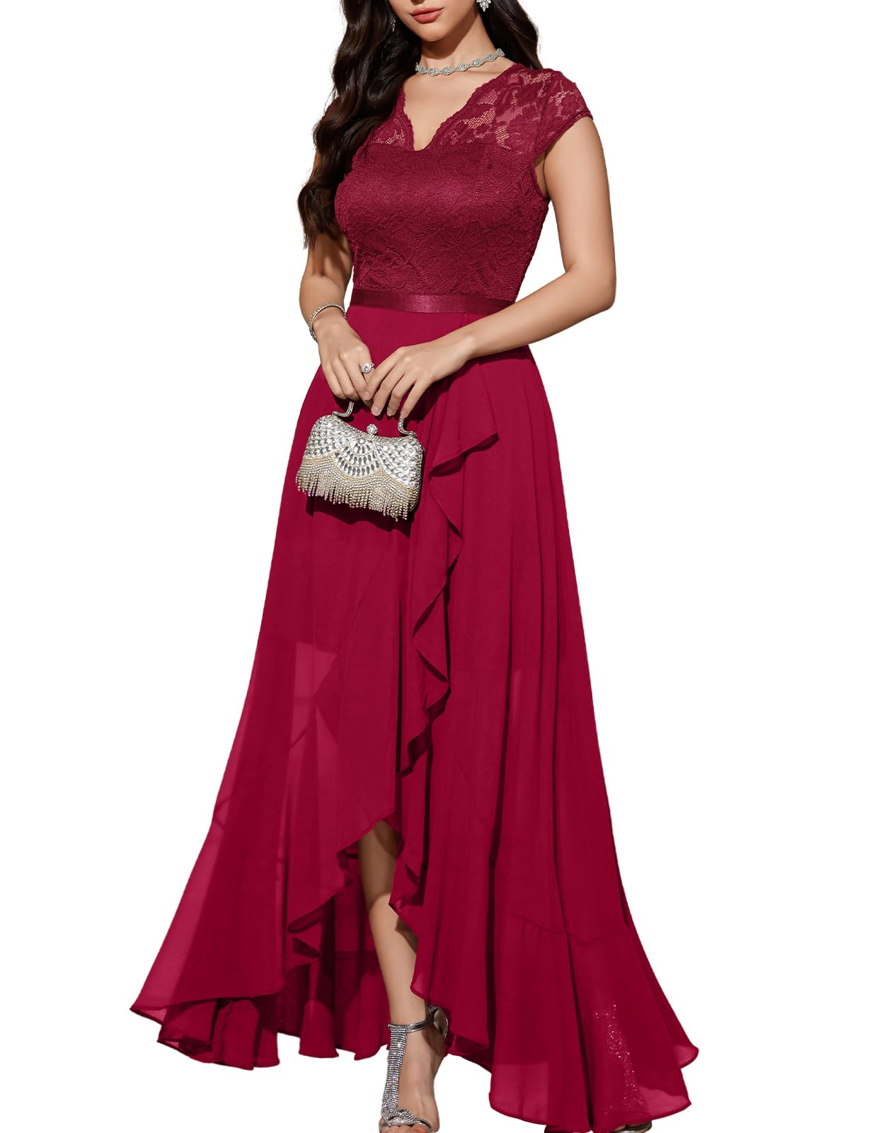 Bbonlinedress Women's V-Neck Dress for Women Wedding Guest Hi-Lo Floral Lace Prom Cocktail Party Formal Bridesmaid Dress