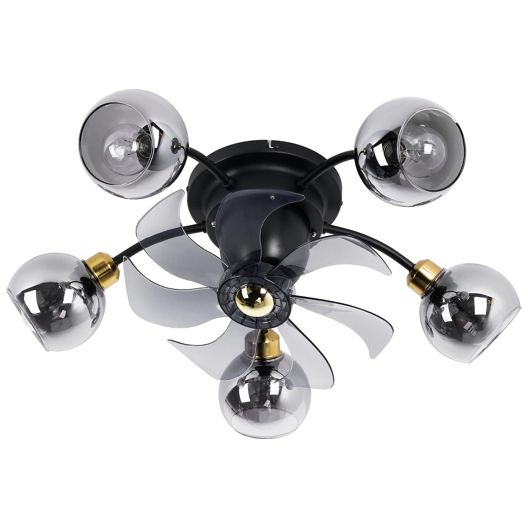 Flush Mount Ceiling Fan with Light, Black and Gold Ceiling Fans with Smoky Glass for Dining Room, 6 Speed Reversible and Oscillating Blades, E26*5 Bulb Not Included