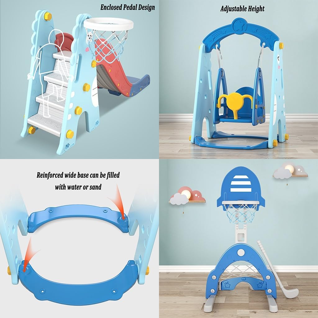 Toddler Slide and Swing Set, 6 in 1 Kid Play Climber Slide Playset, Freestanding Baby Slide Indoor Playground W/Basketball Hoop, Football Gate and Golf Hole