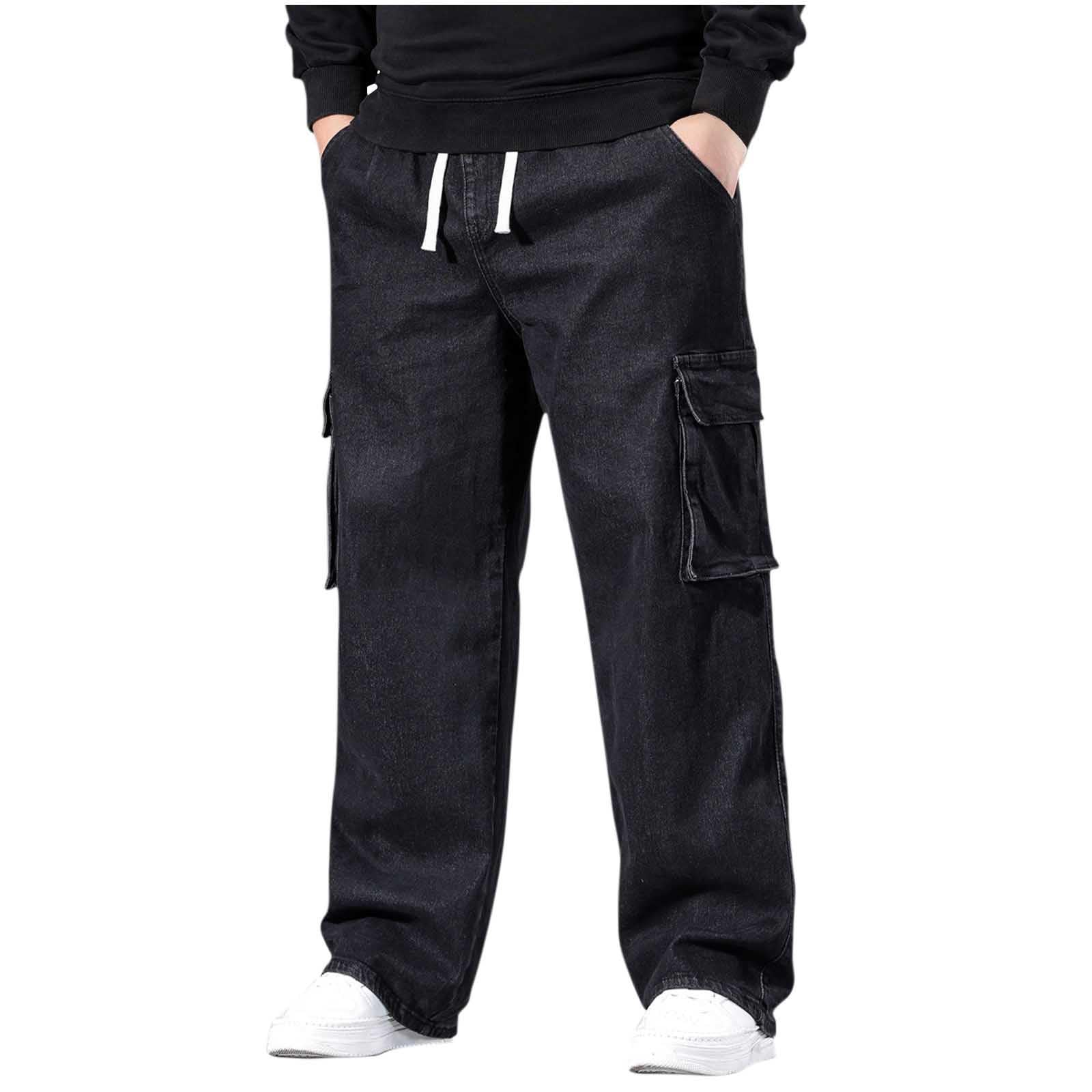 Generisch Cargo Jeans Herren Baggy Outdoor Cargo Hose Mit Taschen Sommer Stretch Jeans Übergrößen Jogginghose Jeanshose mit elastischem Bund und Kordelzug Modische Jeans zum Ausgehen
