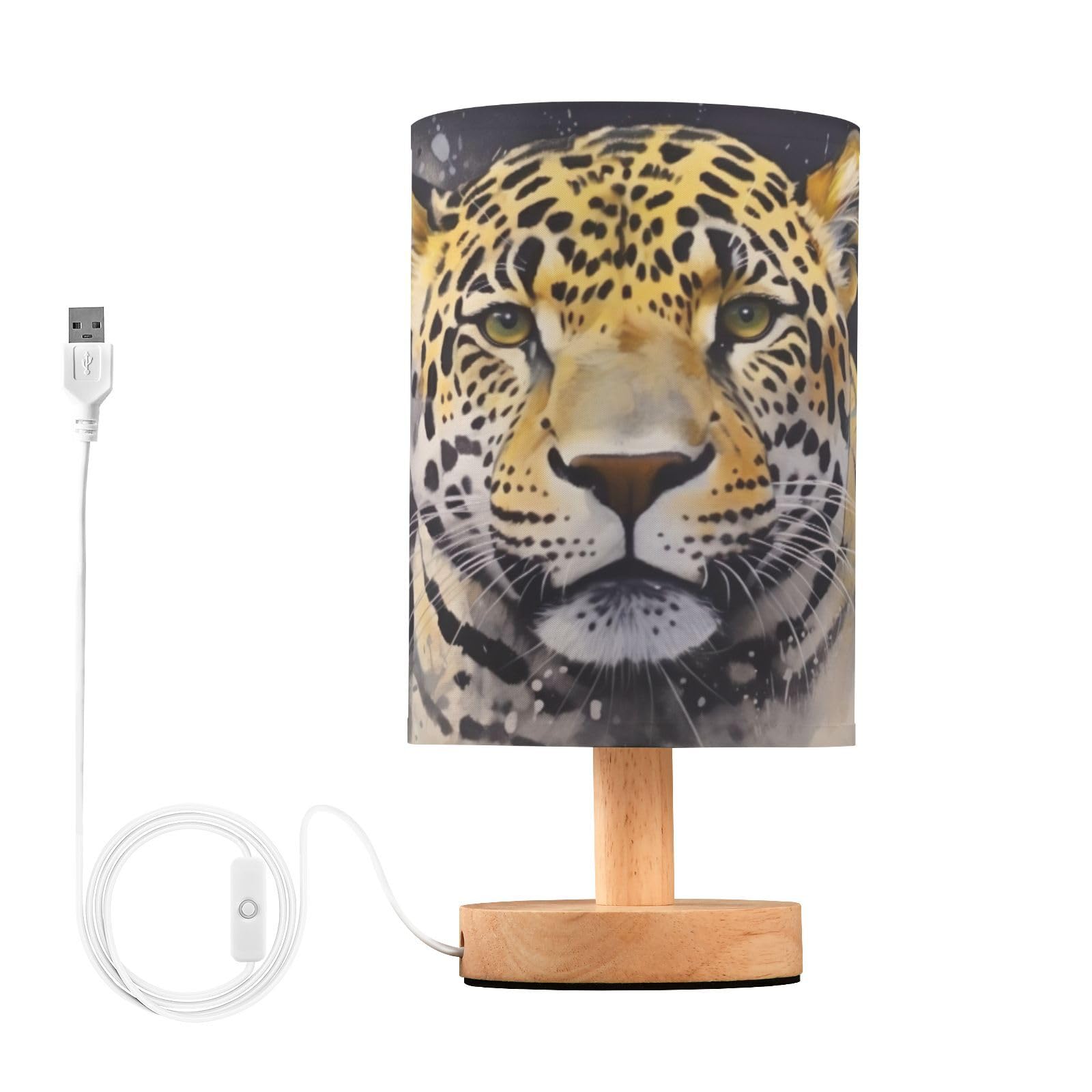 SDMKA Watercolor Jaguar Bedside Table Lamp for Bedroom, Minimalist Nightstand Lamp with Round Fabric Shade for Living Room, Office, No Bulb Required