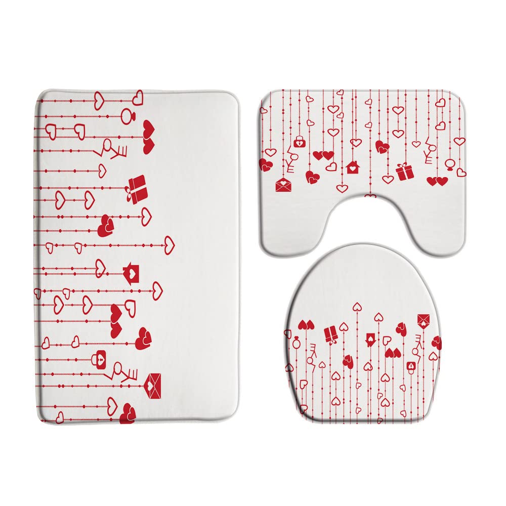 VPUPCN Valentine's Day 3 Pcs Bath Rugs Set,Red Heart Romantic Love Sweet Couple Modern Simple White Bathroom Kitchen Rug with 17.8