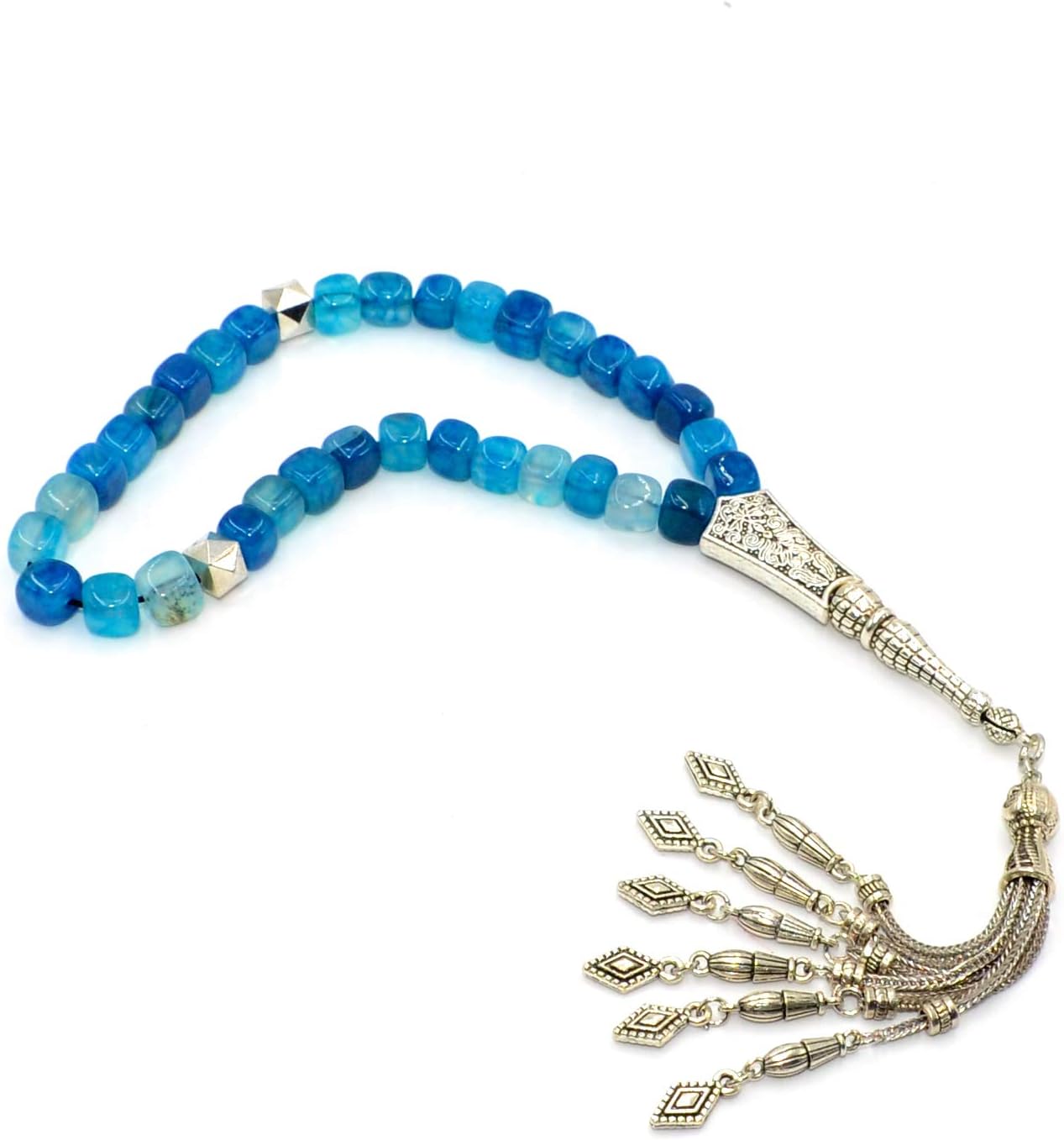 Design Square Agate Collection Worry Prayer Beads (8 mm-33 Beads) Tesbih-Tasbih-Tasbeeh-Misbaha-Masbaha-Subha-Sebha-Sibha-Rosary (Blue Agate Stone)