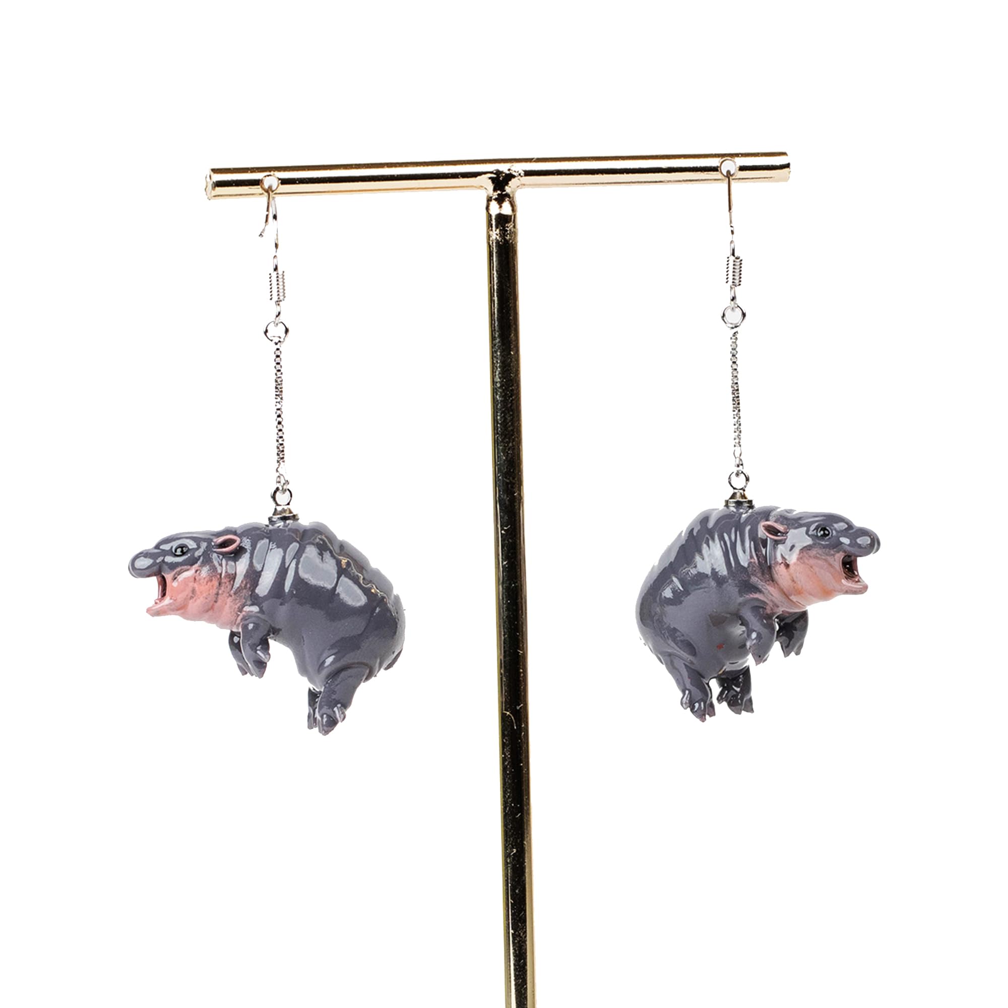 Pygmy Hippo Earrings - Hand Painted, 3D Printed. (Giggly Chain-Hang)
