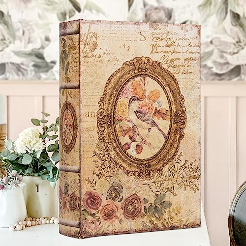 DROFELY Decorative Book Box Vintage Style Fake Book Fake Book Flowers Pattern Faux Leather Embossed Book Box Vintage Book Storage Box 3-04