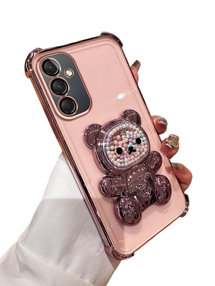 Silicone Case Compatible with Samsung Galaxy A24 4G Case, with 3D Flowing Bead Bear Hidden Stand Luxury Electroplated for Women Man Soft Shockproof