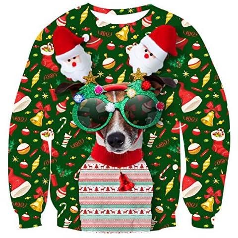 Lovekider Mens Ugly Christmas Sweater Funny Christmas Dog Pullover Santa 3D Print X-mas Sweatshirt Novelty Crewneck Hoodless Daily Wear for Fall Winter Small Cover