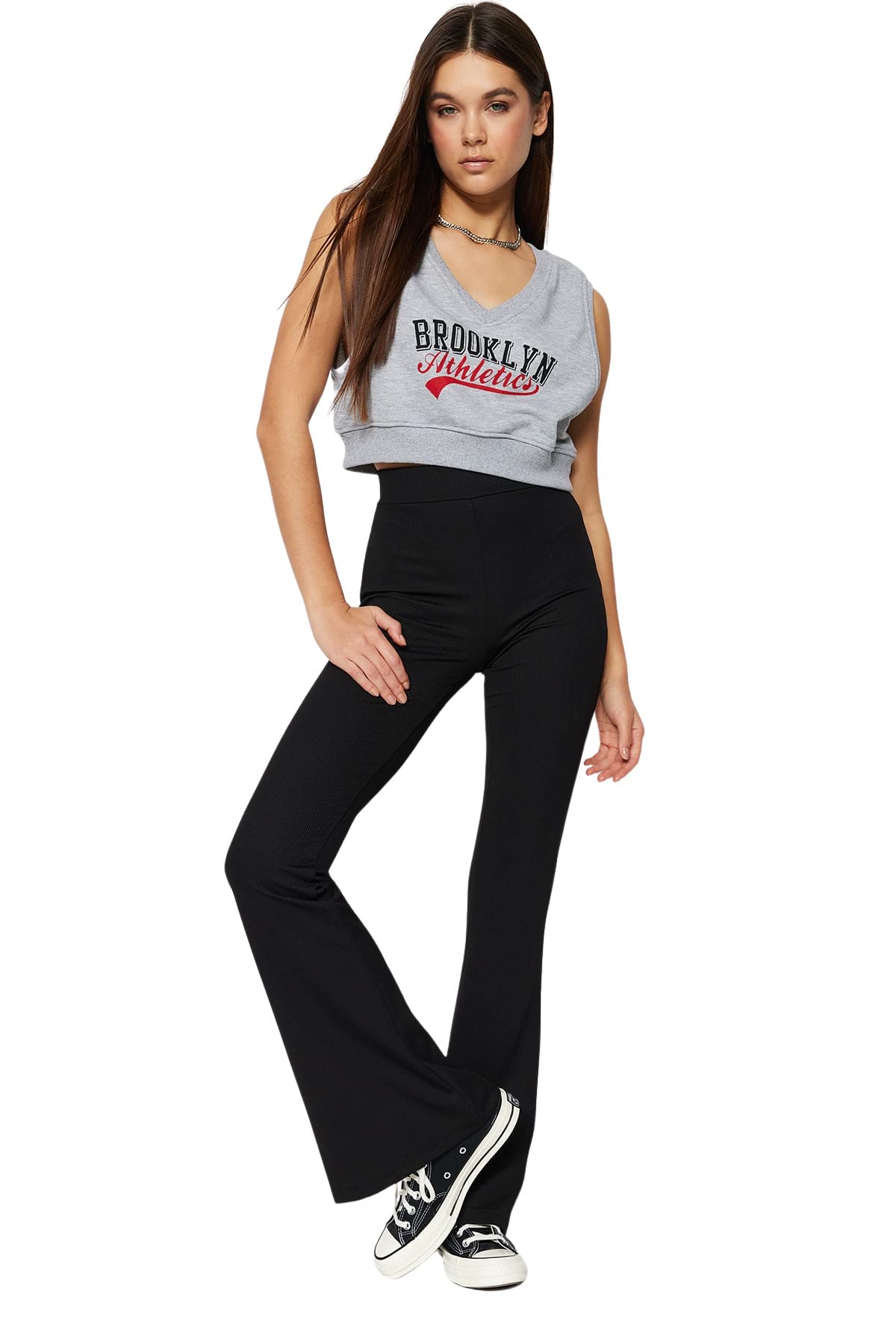 Trendyol Damen Schwarz High Waist Wide Leg Flare Hosen Hosen, S