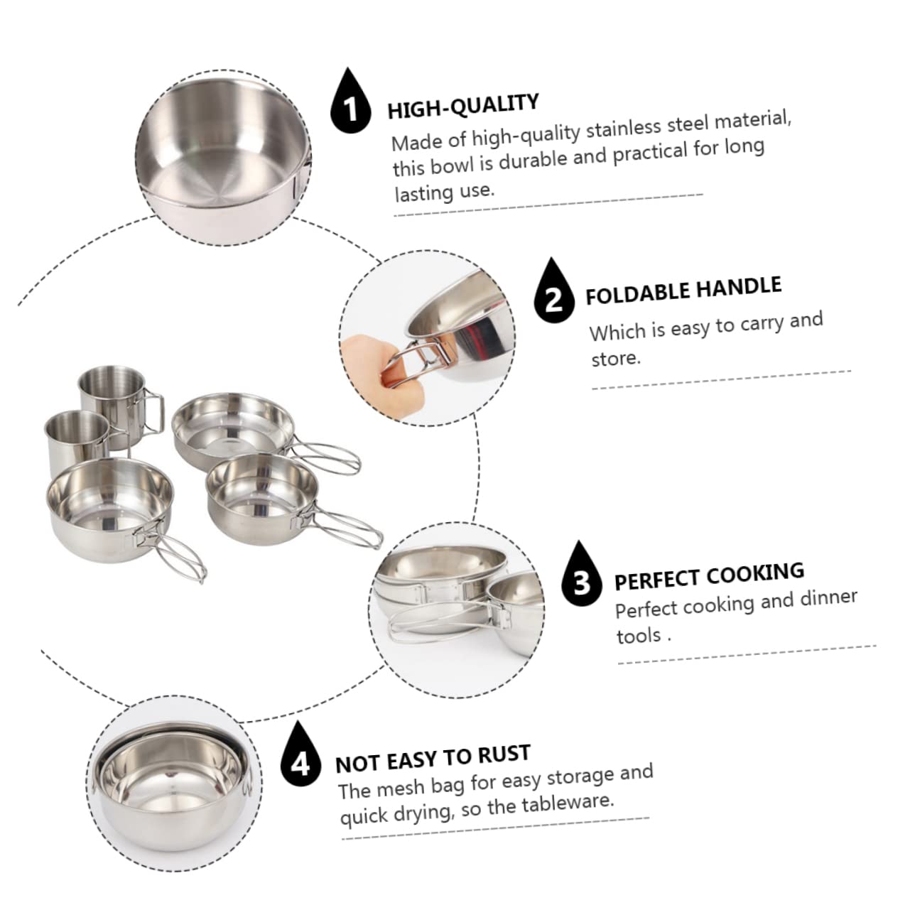 Ensemble de Vaisselle de Camping Portable 5 Pièces en Acier Inoxydable | Poignée Pliable, 1 Set Casserole, Grand Bol, Petit Bol, Grosse Tasse et Petite Tasse