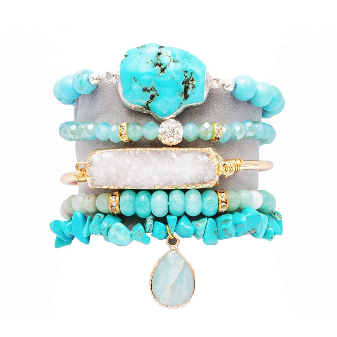 NUZUJX 5PCS Natural Boho Beaded Bracelets Bangle for Women Men,Healing Turquoise Jasper Agate Crystal Gemstone Stone Chakra Multilayer Wrap Bohemian