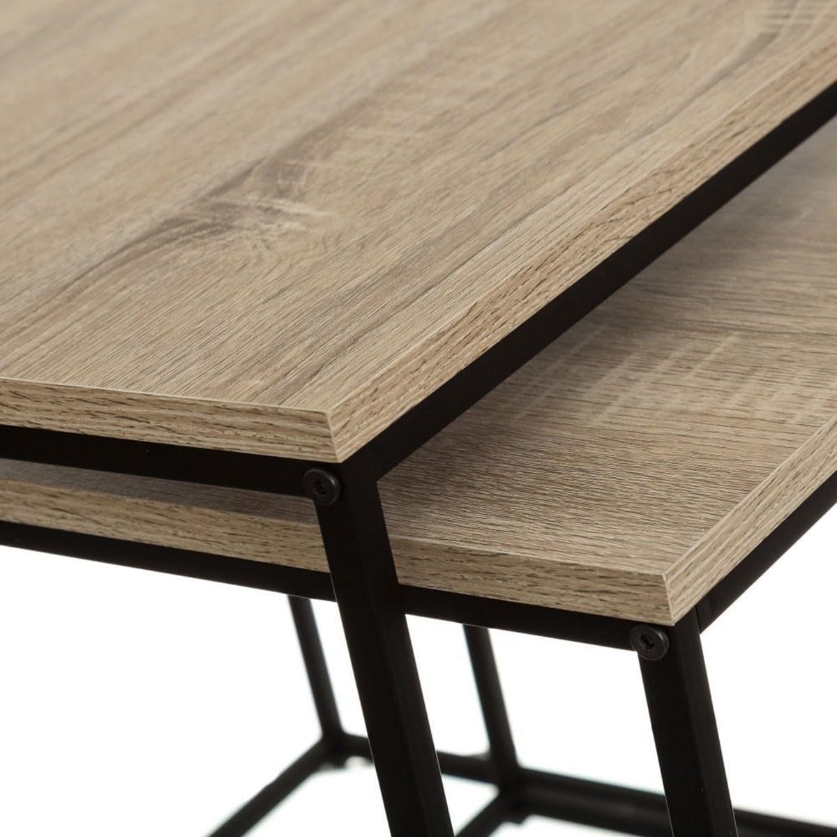 Set de 2 mesas de centro nido de madera natural y metal negro de 50x50cm | Estructura apilable de diseño moderno, auxiliar muy versátil para salón u oficina.