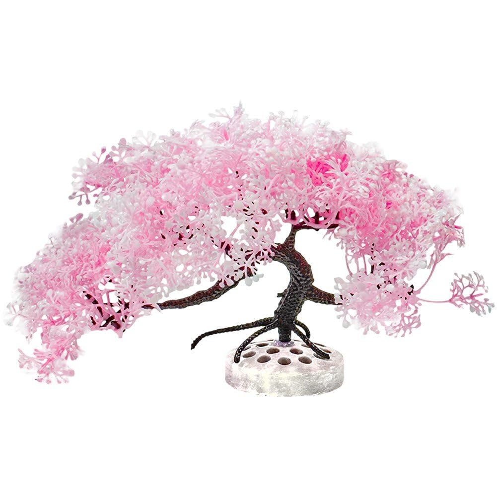 Fituenly Pink Aquarium Artificial Plants Decor, Cherry Blossom Tree Grass Set Plastic For Fish Tank Accessories, Fish Tank Decorations