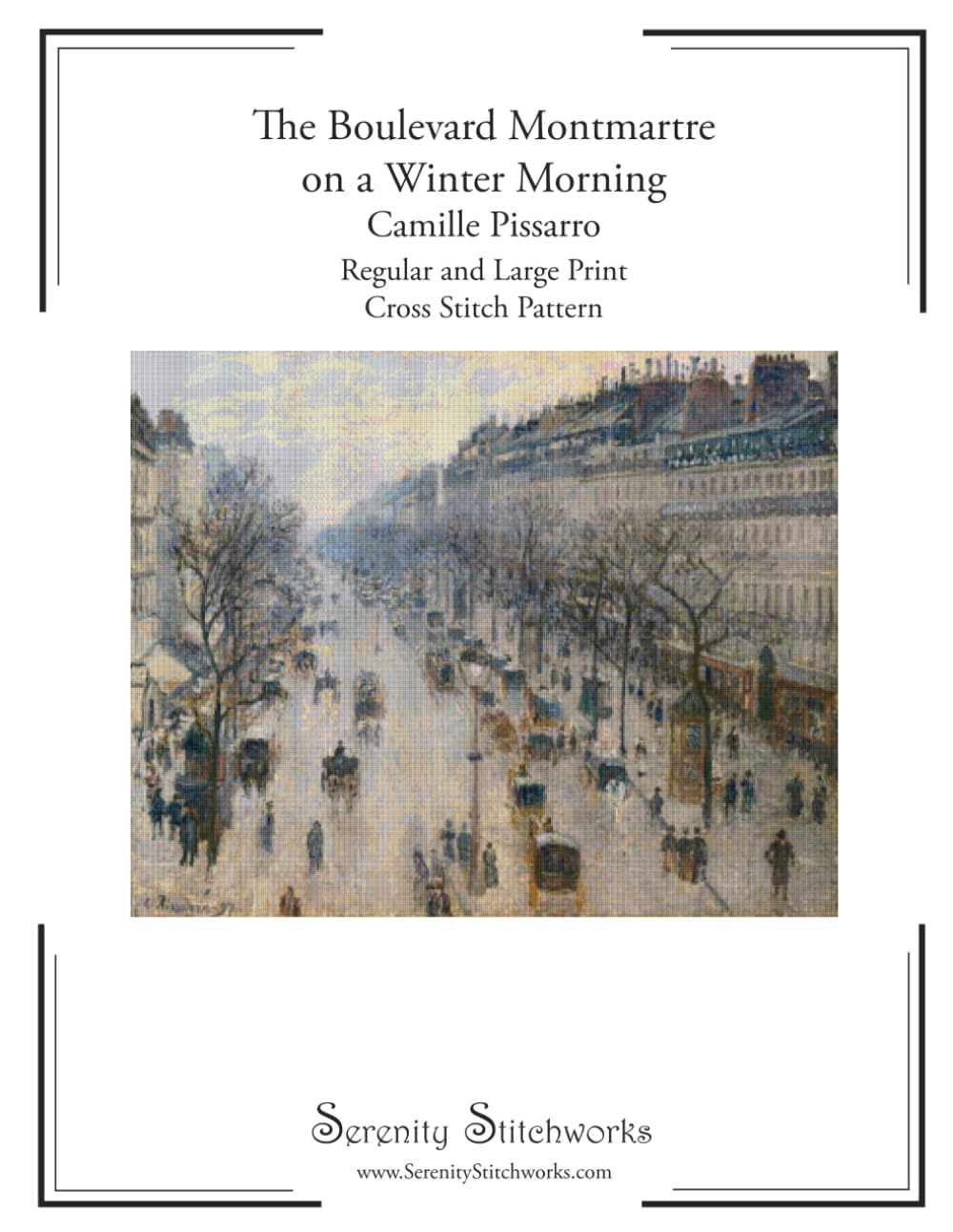 The Boulevard Montmartre on a Winter Morning Cross Stitch Pattern – Camille Pissarro: Regular and Large Print Cross Stitch Pattern