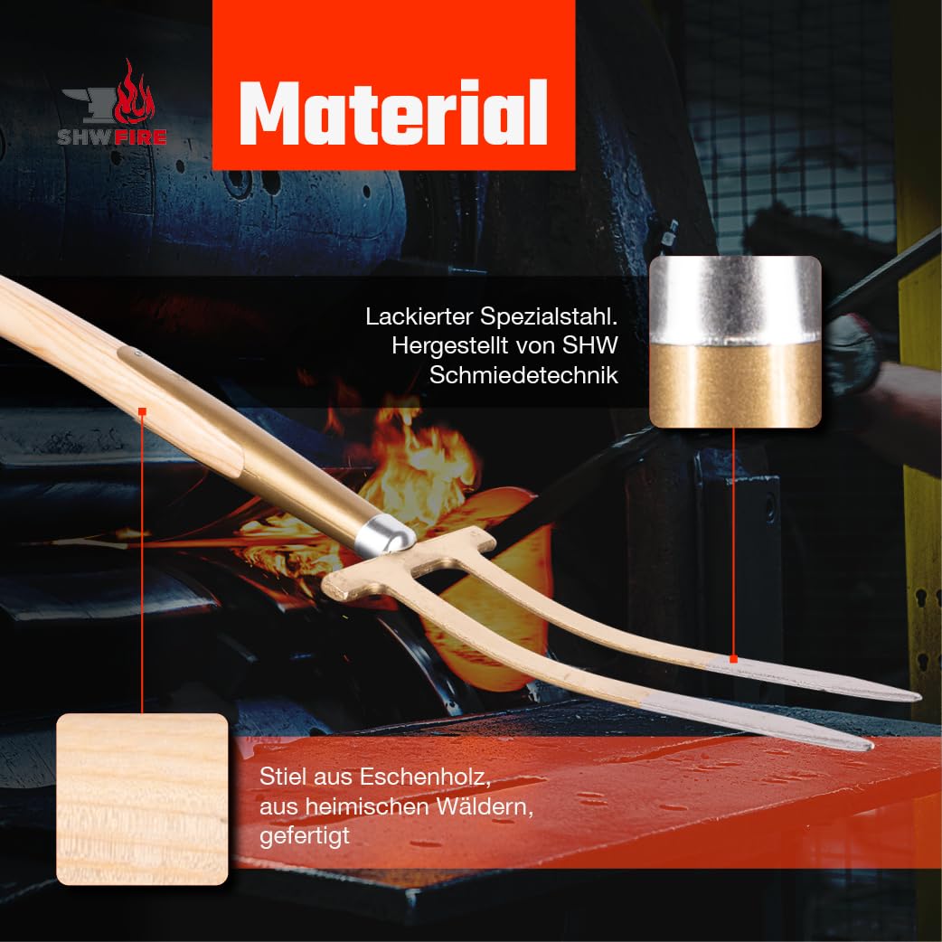 SHW-FIRE | Rosengabel mit 85 cm T-Griff aus Eschenholz – handgeschmiedete Bajonettzinken aus gehärtetem Stahl, ideal für Rosenpflege, Unkrautentfernung & Bodenbelüftung | Made in Germany