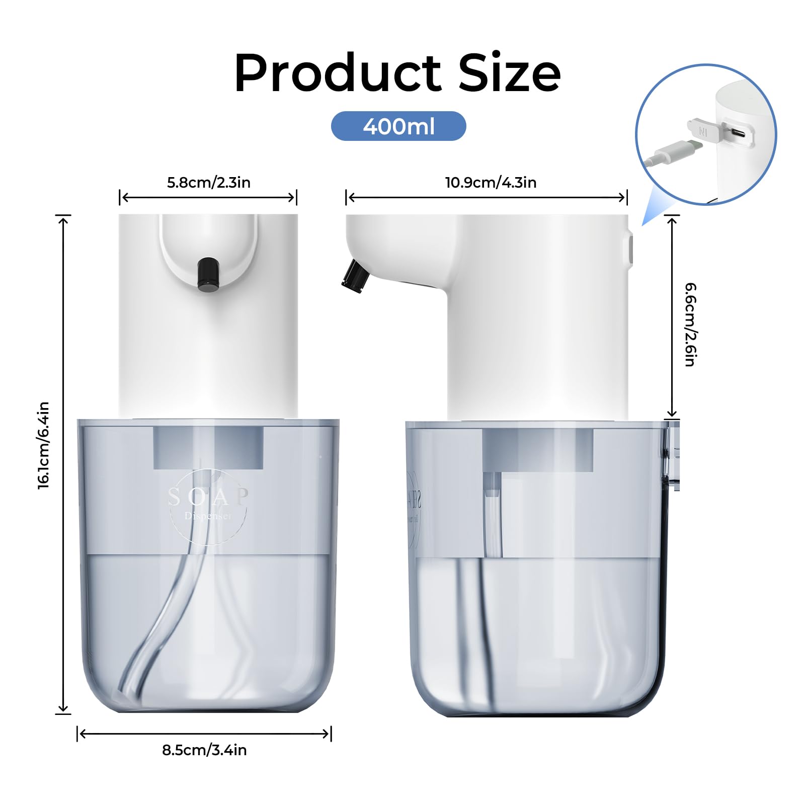 Dispenser Sapone Automatico a Schiuma, Senza Contatto con Sensore, 400ml Grande Capacità, 4 Livelli Regolabili, Ricarica USB-C, Impermeabile IPX5 per Bagno, Cucina, Hotel e Ufficio (Bianco) - 2
